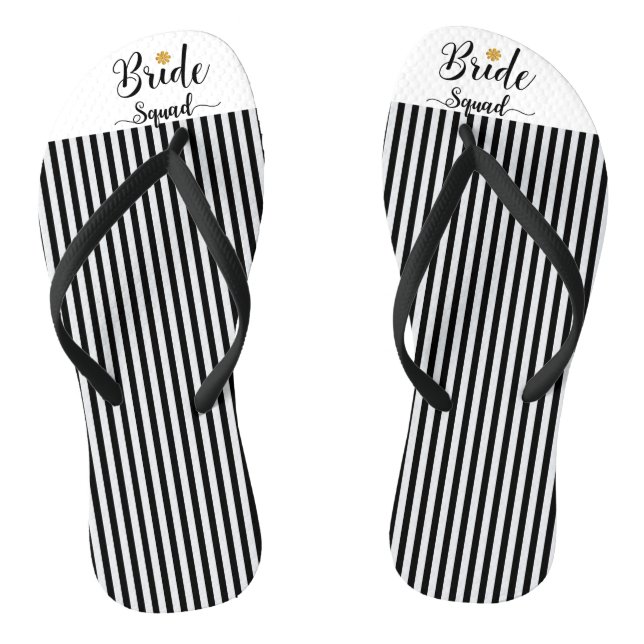 Bride Squad gold flower black white stripes Flip Flops (Footbed)