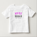 Bride Squad | Hot Pink Bachelorette Bridesmaid Toddler T-Shirt<br><div class="desc">Cute, simple, stylish "Bride Squad" quote art toddler tshirt with modern, minimalist typography in black and hot neon pink in a cool trendy style. The slogan, name and role can easily be personalised with the names of your bridal party, for example, bride, bridesmaids, flower girls, Mother of the Bride, Glam...</div>