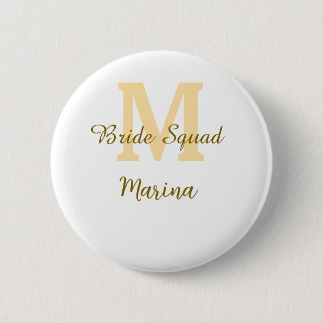 Bride squad monogram golden bridal shower simple  6 cm round badge (Front)