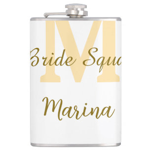 Bride squad monogram golden bridal shower simple hip flask