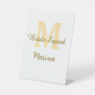 Bride squad monogram golden bridal shower simple  pedestal sign