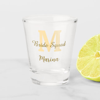 Bride squad monogram golden bridal shower simple  shot glass