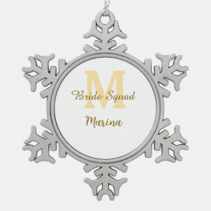 Bride squad monogram golden bridal shower simple  snowflake pewter christmas ornament