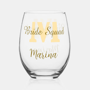 Bride squad monogram golden bridal shower simple stemless wine glass