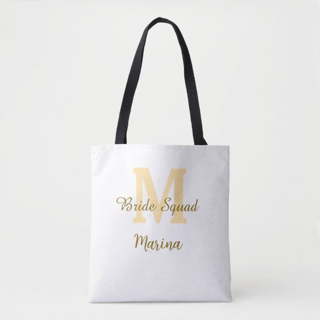Bride squad monogram golden bridal shower simple  tote bag (Front)