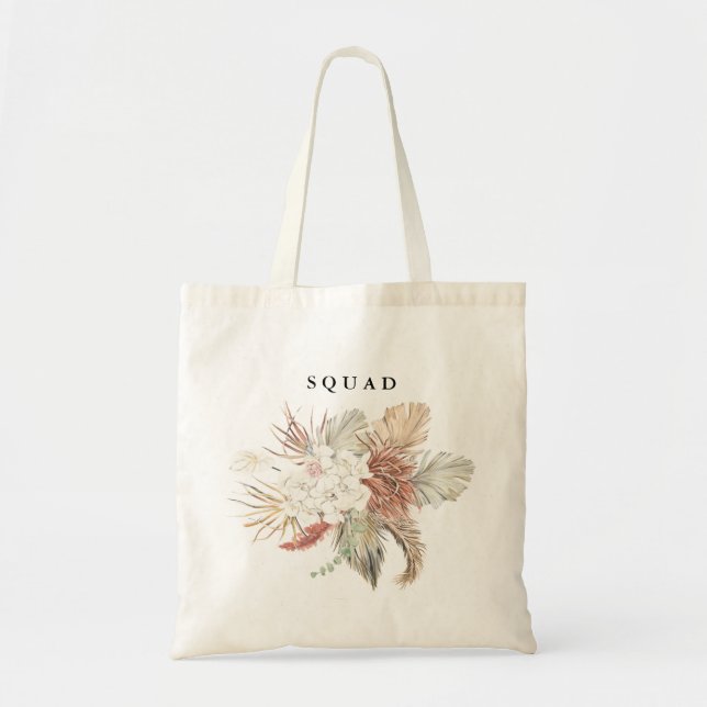 Bride Squad Pampas Dried Grass Tropical Floral Tote Bag (Front)