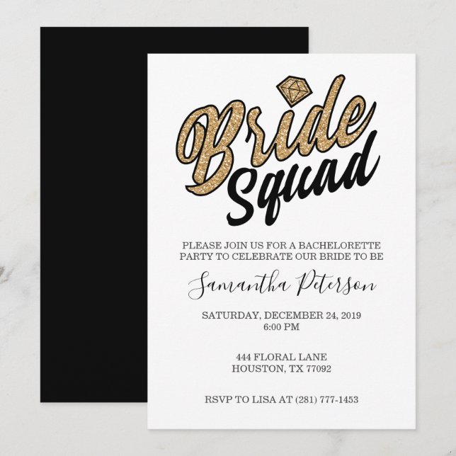 Bride Squad Party Invitation-Gold & Black Invitation (Front/Back)