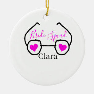 Bride squad pink black googles heart bridesmaid ceramic tree decoration