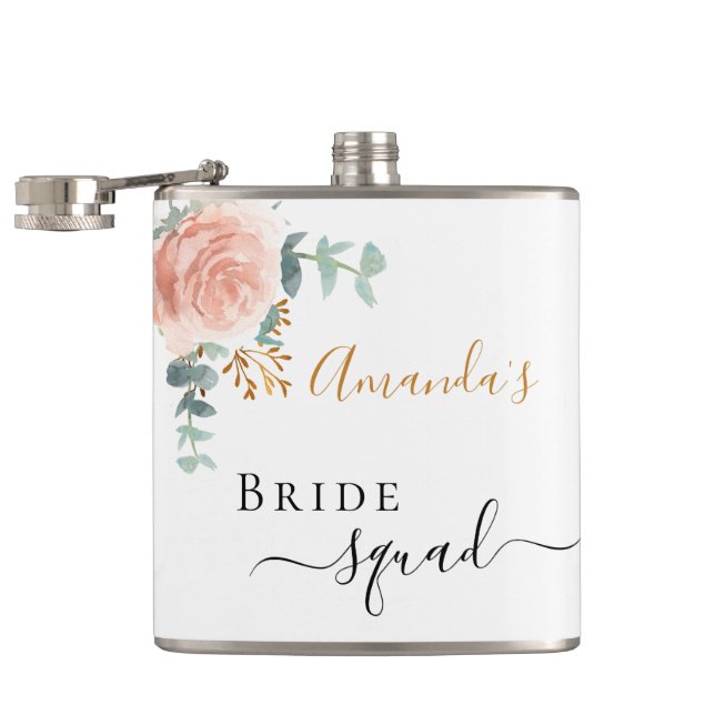 Bride squad pink floral eucalyptus bachelorette hip flask (Opened)