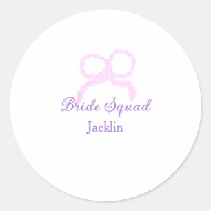 Bride squad pink glitter bow star bridesmaid name classic round sticker
