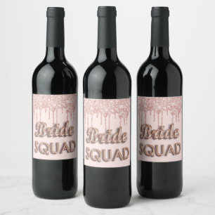 Bride squad rose gold blush glitter bachelotette wine label