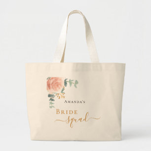 Bride squad rose gold floral eucalyptus greenery large tote bag