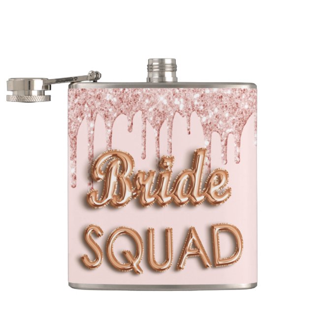 Bride squad rose gold glitter pink bachelotette hip flask (Opened)