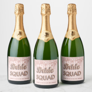 Bride squad rose gold pink glitter bachelotette sparkling wine label
