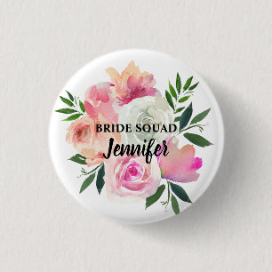Bride Squad, Tribe, Team Pink Blush & Gray Floral 3 Cm Round Badge