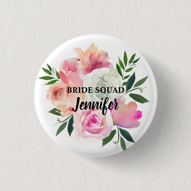 Bride Squad, Tribe, Team Pink Blush & Grey Floral 3 Cm Round Badge (Front)