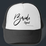 Bride Squad, Tribe, Team Typography Trucker Hat<br><div class="desc">Celebrate your engagement with your bride tribe, bride squad, bride team at your bridal shower or whenever. Makes a great fun gift to celebrate as a team and cute for pictures. Wear to your outings together. Black and white trucker hat. This hat is also available in champagne, pink and white,...</div>
