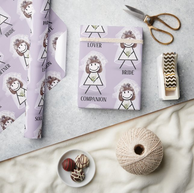 Bride Stick Figure Girl with Bridal Text on Purple Wrapping Paper (Crafts)