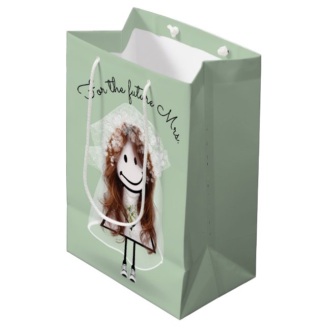 Bride Stick Figure Girl with Daisy Bouquet    Medium Gift Bag (Front Angled)