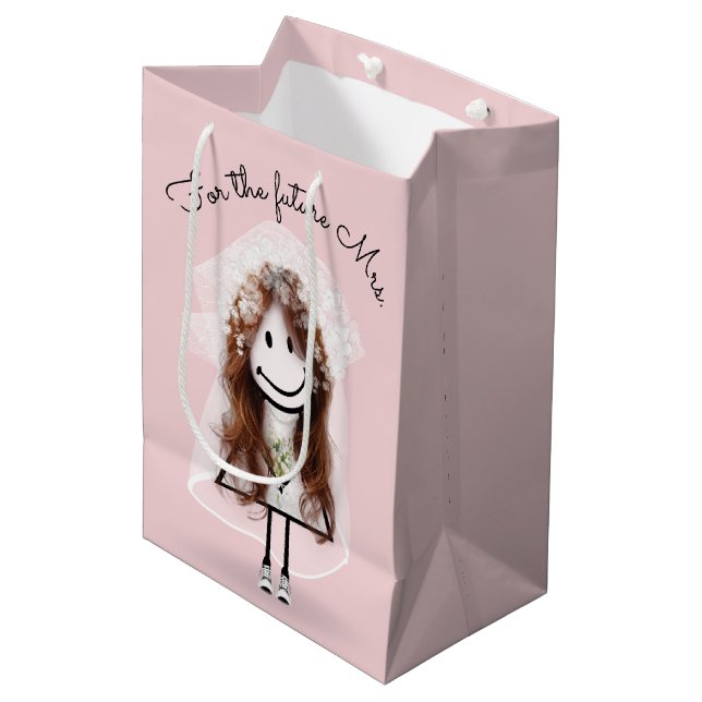 Bride Stick Figure Girl with Daisy Bouquet    Medium Gift Bag (Front Angled)