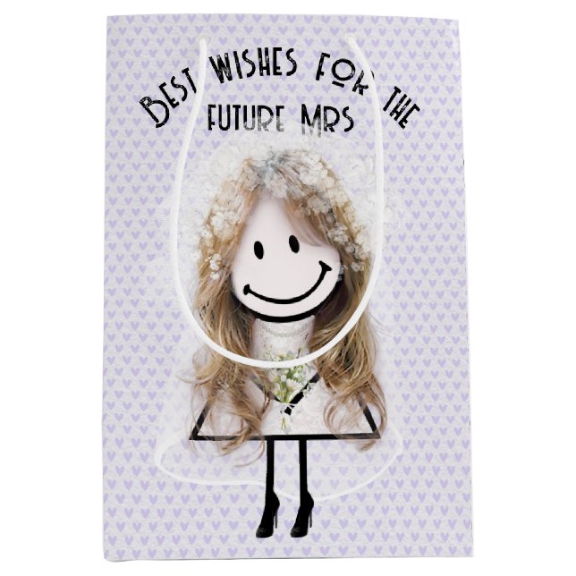 Bride Stick Figure On Lavender Hearts  Medium Gift Bag (Front)