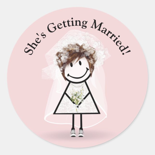 Bride Stick Girl In Sneakers On Pink Classic Round Sticker (Front)