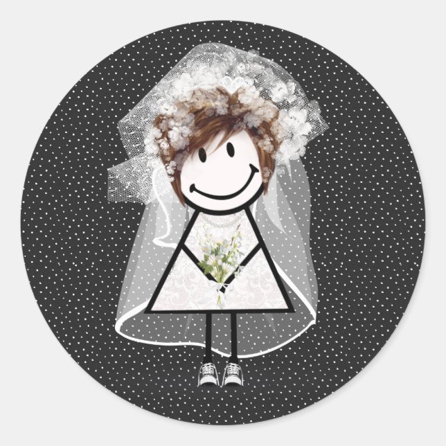 Bride Stick Girl In Sneakers On Polka Dots  Classic Round Sticker (Front)