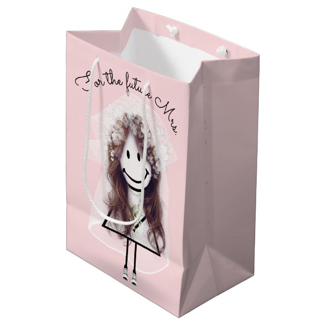 Bride Stick Girl with Bridal Bouquet Medium Gift Bag (Front Angled)