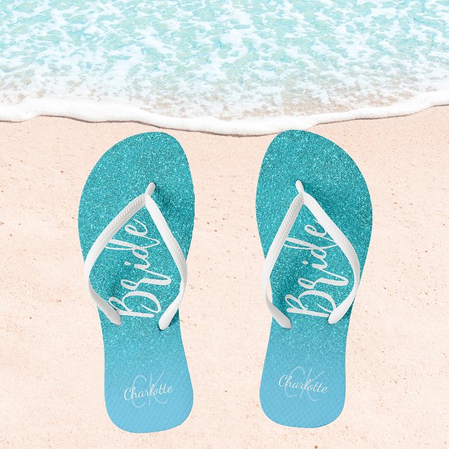 Bride teal blue glitter aqua sea green monogram flip flops (Creator Uploaded)