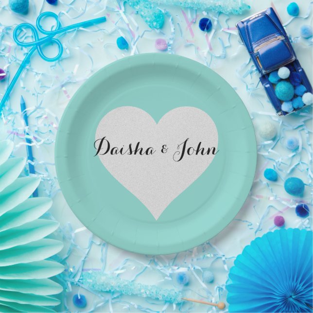 BRIDE Teal Blue & Silver Heart Bridal Shower Party Paper Plate (Party)