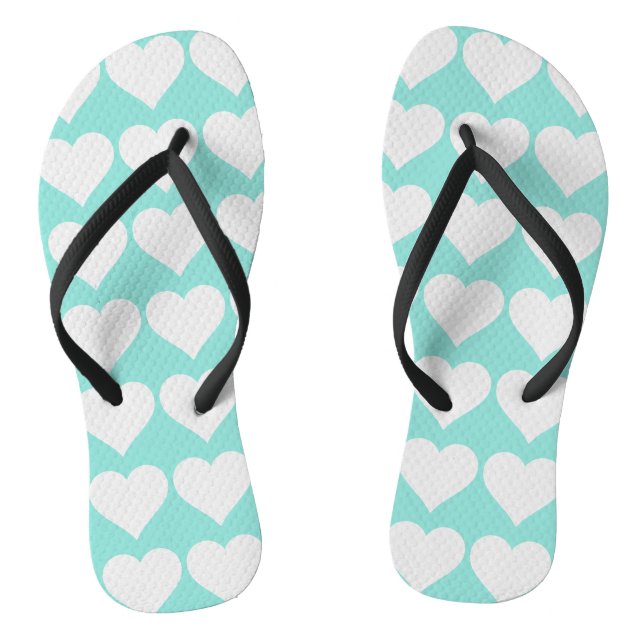 Bride Teal Blue & White Wedding Hearts Party Flip Flops (Footbed)