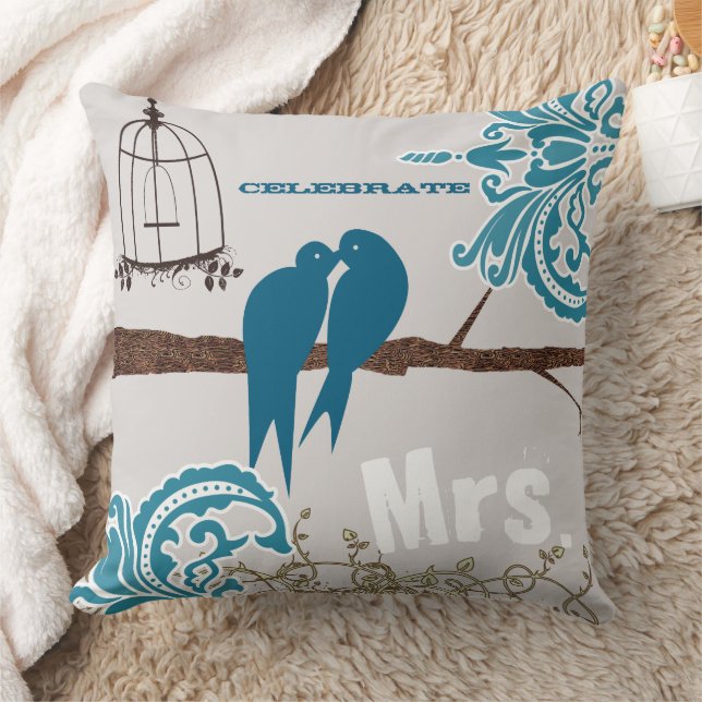 Bride Teal Damask Kissing Love Birds Birdcage Cushion (Blanket)