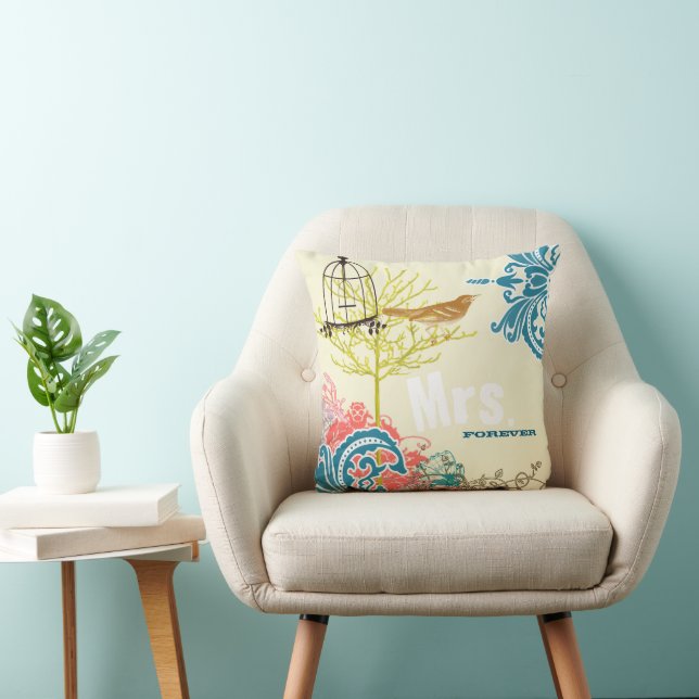 Bride Teal Damask Love Bird  Birdcage Cushion (Chair)
