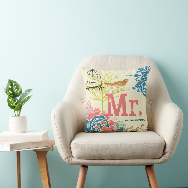Bride Teal Damask Love Bird  Birdcage Mr. Forever Cushion (Chair)