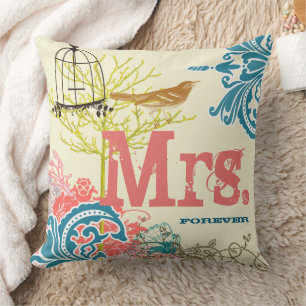 Bride Teal Damask Love Bird Birdcage Mrs. Forever Cushion