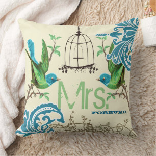 Bride Teal Green Damask Bird Birdcage Mrs. Forever Cushion