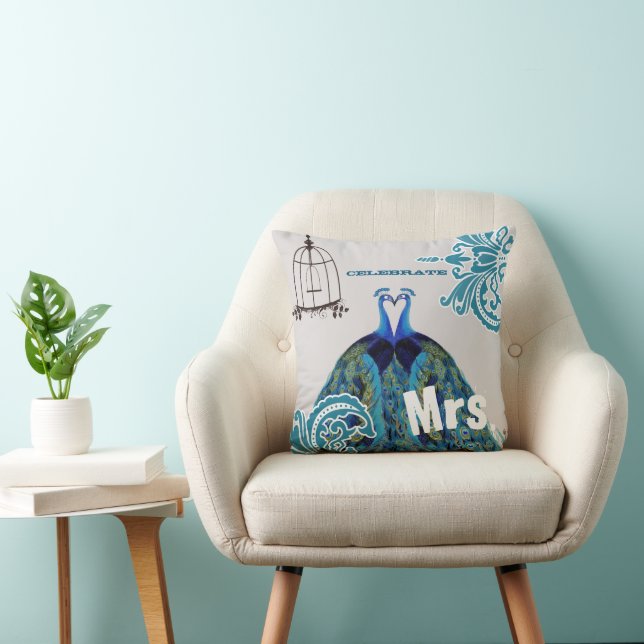 Bride Teal Kissing Love Birds Peacock Birdcage Cushion (Chair)
