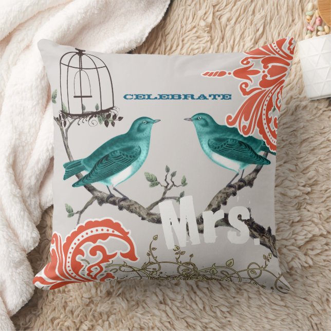 Bride Teal & Tangerine Damask Love Bird  Birdcage Cushion (Blanket)