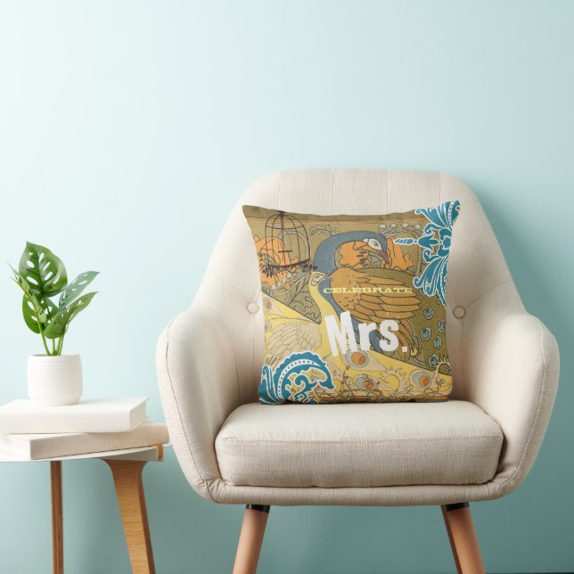 Bride Teal Yellow Coral & Olive Peacock Birdcage Cushion (Chair)