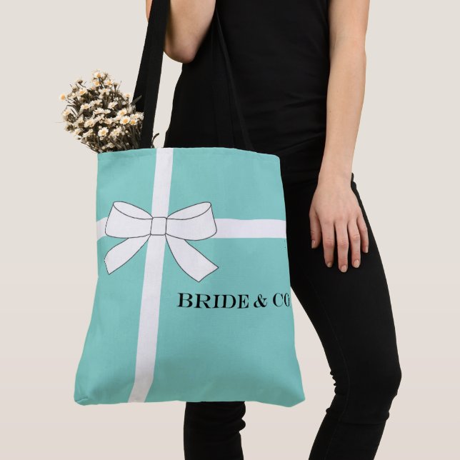 BRIDE Tiara Teal Blue Bridal Wedding Shower Party Tote Bag (Close Up)