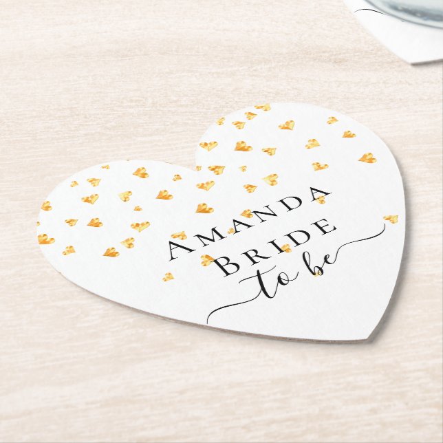 Bride to be gold hearts sprinkle name paper coaster (Angled)