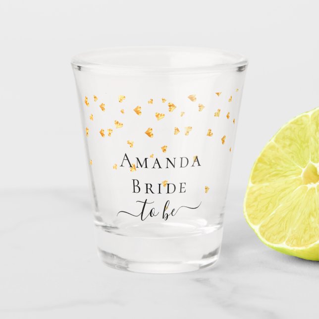 Bride to be gold hearts sprinkle name shot glass (Front)
