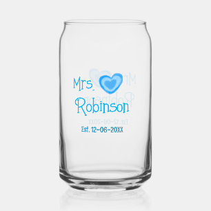 Bride to be Mrs add name date blue heart watercolo Can Glass