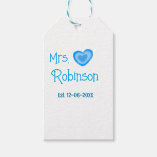 Bride to be Mrs add name date blue heart watercolo Gift Tags