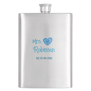 Bride to be Mrs add name date blue heart watercolo Hip Flask