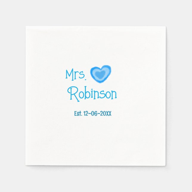 Bride to be Mrs add name date blue heart watercolo Napkin (Front)