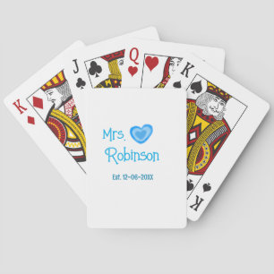 Bride to be Mrs add name date blue heart watercolo Playing Cards