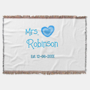 Bride to be Mrs add name date blue heart watercolo Throw Blanket