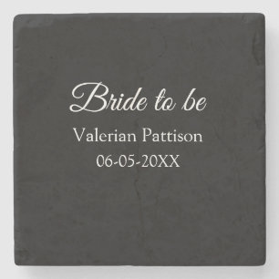Bride to be name date black white bridal shower we stone coaster