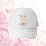Bride to be rose gold floral eucalyptus greenery trucker hat<br><div class="desc">For a bridal shower or a bachelorette spa and wellness weekend. A chic white background. Decorated with a rose gold, blush pink floral, flower (rose)and green watercolored eucalyptus leaves, sprigs, greenery and a faux gold sprig. Personalise and add the name of the bride. Black and golden letters. With the text:...</div>